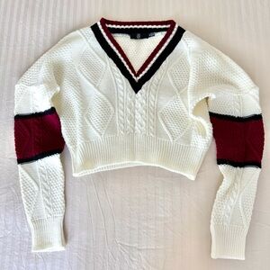 Missguided Preppy Cropped Burgundy Maroon Red Colorblock White V Neck Cableknit